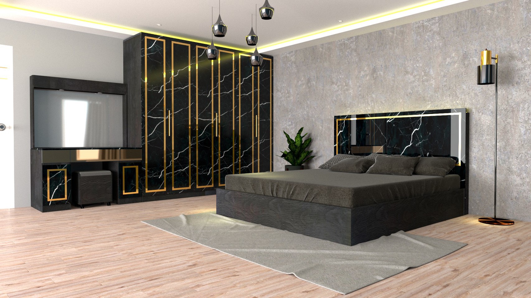 Raminthra Furniture ชุดห้องนอน 6ฟุต รุ่น Jessica A บานทึบ ( เตียง 6ฟุต +ตู้หัวเตียง 2ข้าง+โต๊ะแป้ง 120 ซม.+ตู้เสื้อผ้า 2.40ม. +ที่นอนสปริง 6ฟุต ) Bedroom Set สี AG/DM/GL ราคา 36,900 บาท*ส่งฟรี