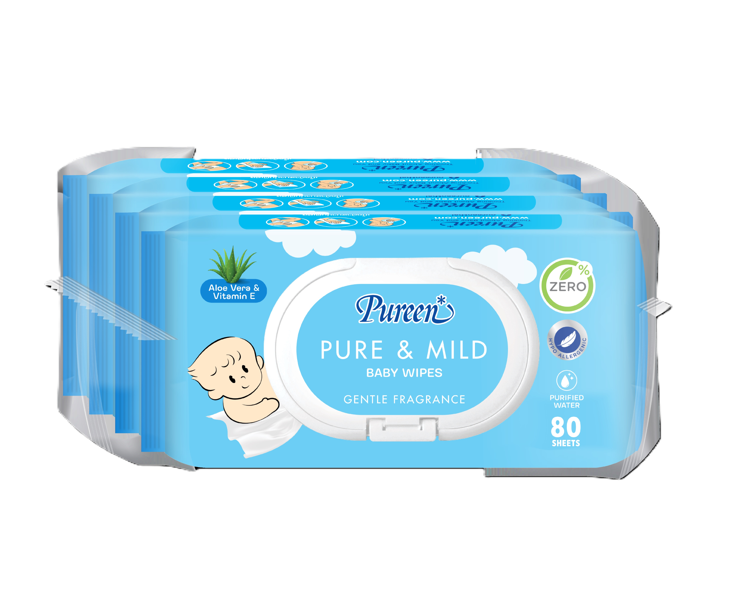 Purine Baby Wipes Pure & Mild (80's X 4)-Y25 Pack of 4 ราคา 230 บาท*ส่งฟรี