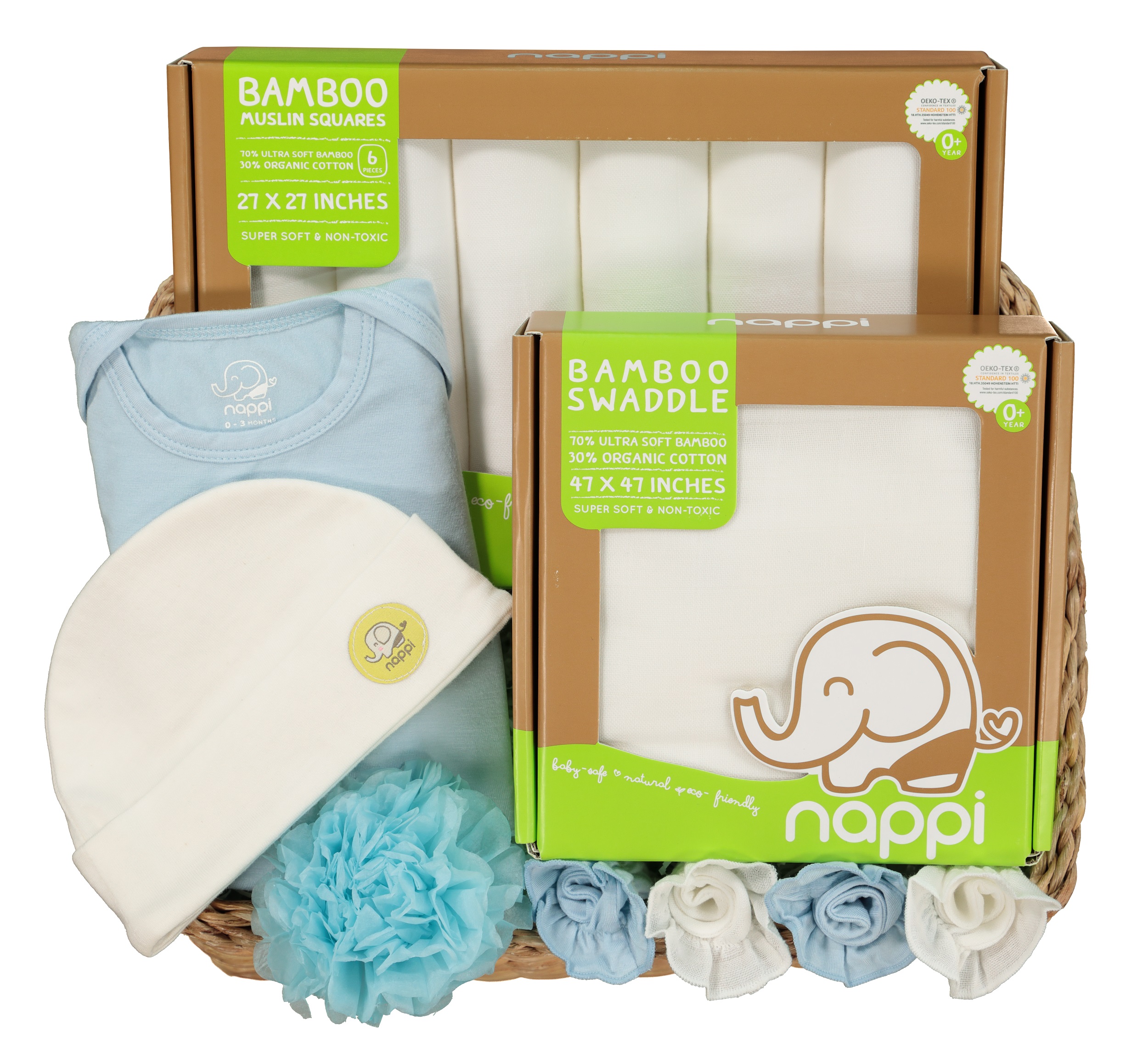 กระเช้าของขวัญเด็กแรกเกิด เด็กชาย M ผ้าอ้อมสาลูใยไผ่ 6 ผืน ผ้าห่อตัว 1 ผืน ถุงมือสาลูใยไผ่ ถุงมือผ้ายืด Spandex หมวกและชุดบอดี้สูท ราคา 3,000 บาท*ส่งฟรี