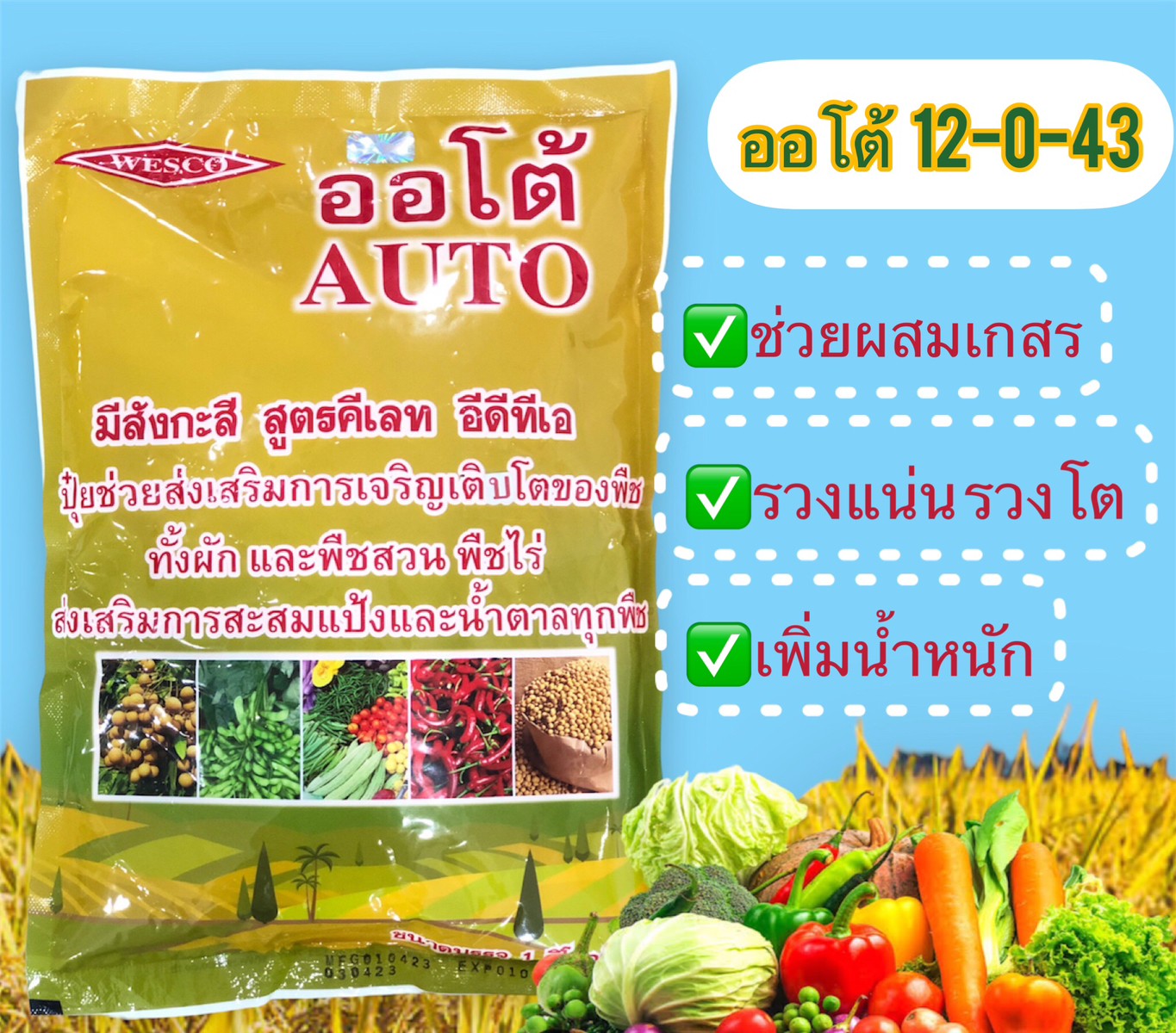 ปุ่ยเกร็ด 12-0-43 ออโต้ ตราเวสโก้ ช่วยให้ข้าวร่วงแน่น รวงโต เมล็ดเต็ม ไม่ลีบ มีน้ำหนัก ขนาด 1 กก. - ยี่ห้อ เวสโก้ ราคา 200 บาท*ส่งฟรี