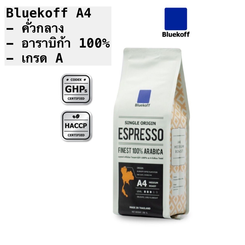 Bluekoff A4 เมล็ดกาแฟ ไทยอาราบิก้า คั่วกลาง (Medium Roast) 250 กรัม ราคา 166 บาท*ส่งฟรี