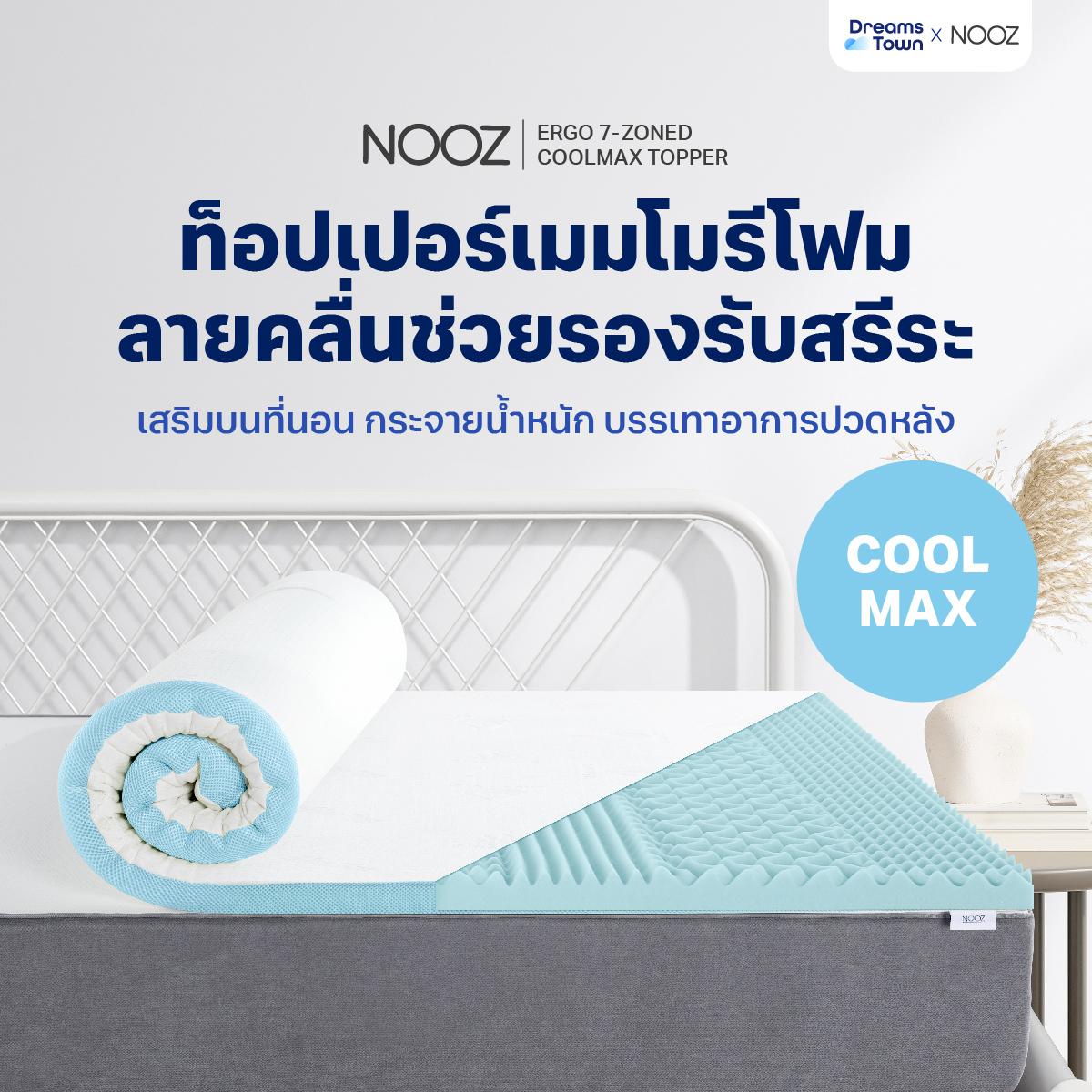 Nooz ท็อปเปอร์เมมโมรี่โฟม ที่รองนอน ผสมCool Gel ช่วยทำให้ที่นอนเย็นและนุ่มสบายมากกว่าที่เคย รุ่น Ergo Coolmax The 7 Zone ราคา 1,890 บาท*ส่งฟรี