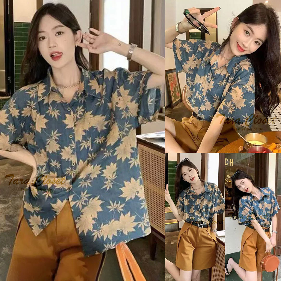 IT086 TARA Shirt เสื้อเชิ้ตพิมพ์ลาย ใส่เล่นน้ำ สงกรานต์ แขนสั้น วินเทต ลายใบไม้ สไตล์เกาหลี เนื้อผ้าไหมอิตาลี อย่างดี ไม่หนามาก ผ้าใส่สบาย ราคา 119 บาท*ส่งฟรี