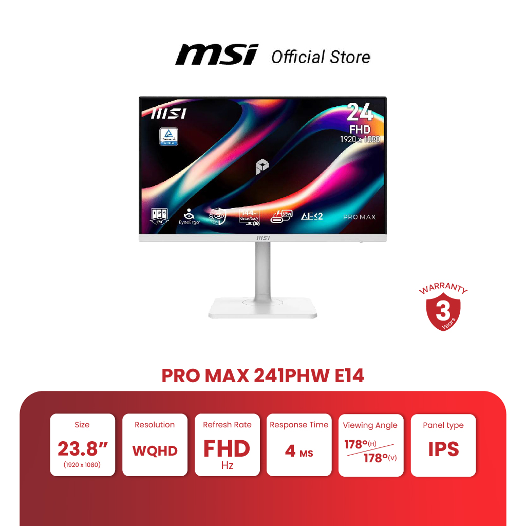 Msi Monitor Pro Max 241Phw E14 | 23.8" | Ips | Fhd | 4Ms(Gtg) | 144Hz (Computer Monitor) [Pre-Order, Delivery Within 7-15 Days] ราคา 5,770 บาท*ส่งฟรี
