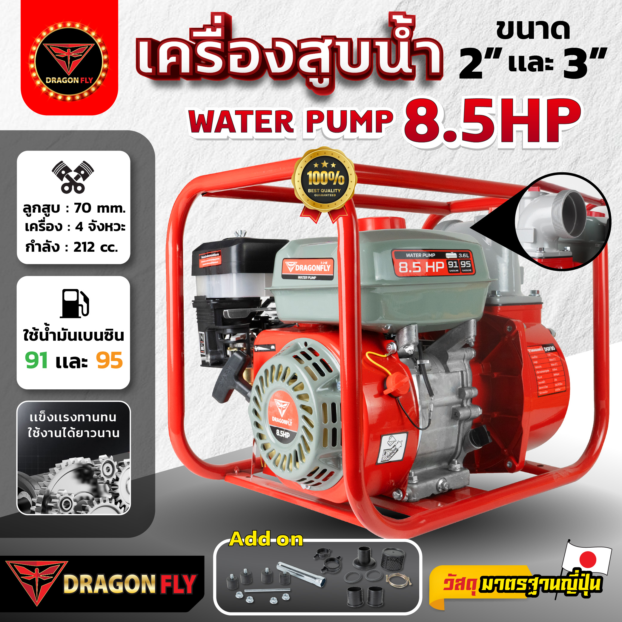 Water Pump 8.5 Horsepower, Pump Engine Available in Sizes 2 Inches and 3 Inches, 4-Stroke Gasoline Engine, Dragonfly. ราคา 2,289 บาท*ส่งฟรี