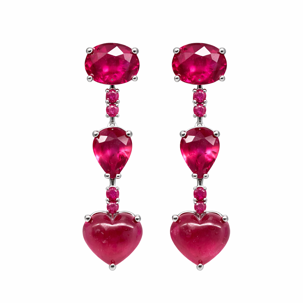 Pink Ruby Earrings, 69 Carats, 925 Sterling Silver, White Gold Plated, Heart Shape, Chandelier Earrings, Genuine Gemstones, Handmade, Premium Gift for Women. ราคา 11,800 บาท*ส่งฟรี