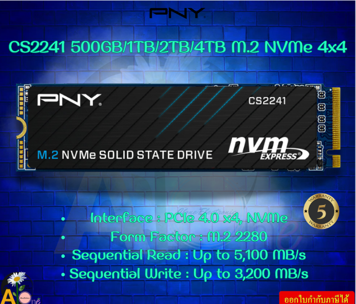 SSD (เอสเอสดี) PNY CS2241 - M.2 2280 NVME 500GB/1TB/2TB/4TB Interface PCIe Gen4 x4 รับประกันสินค้า5ปี ราคา 2,990 บาท*ส่งฟรี