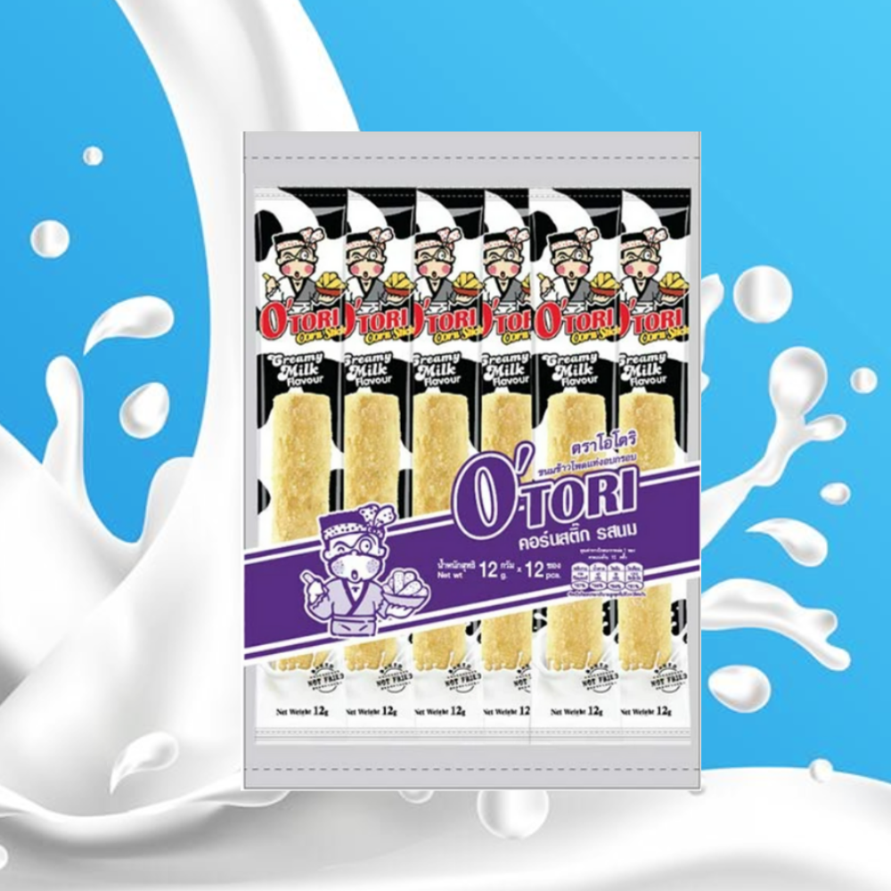 Otori โอโตริ ข้าวโพดอบกรอบ ชนิดแท่งรสนม 12g 5บาท (12 ชิ้น) #12450500 ราคา 60 บาท*ส่งฟรี