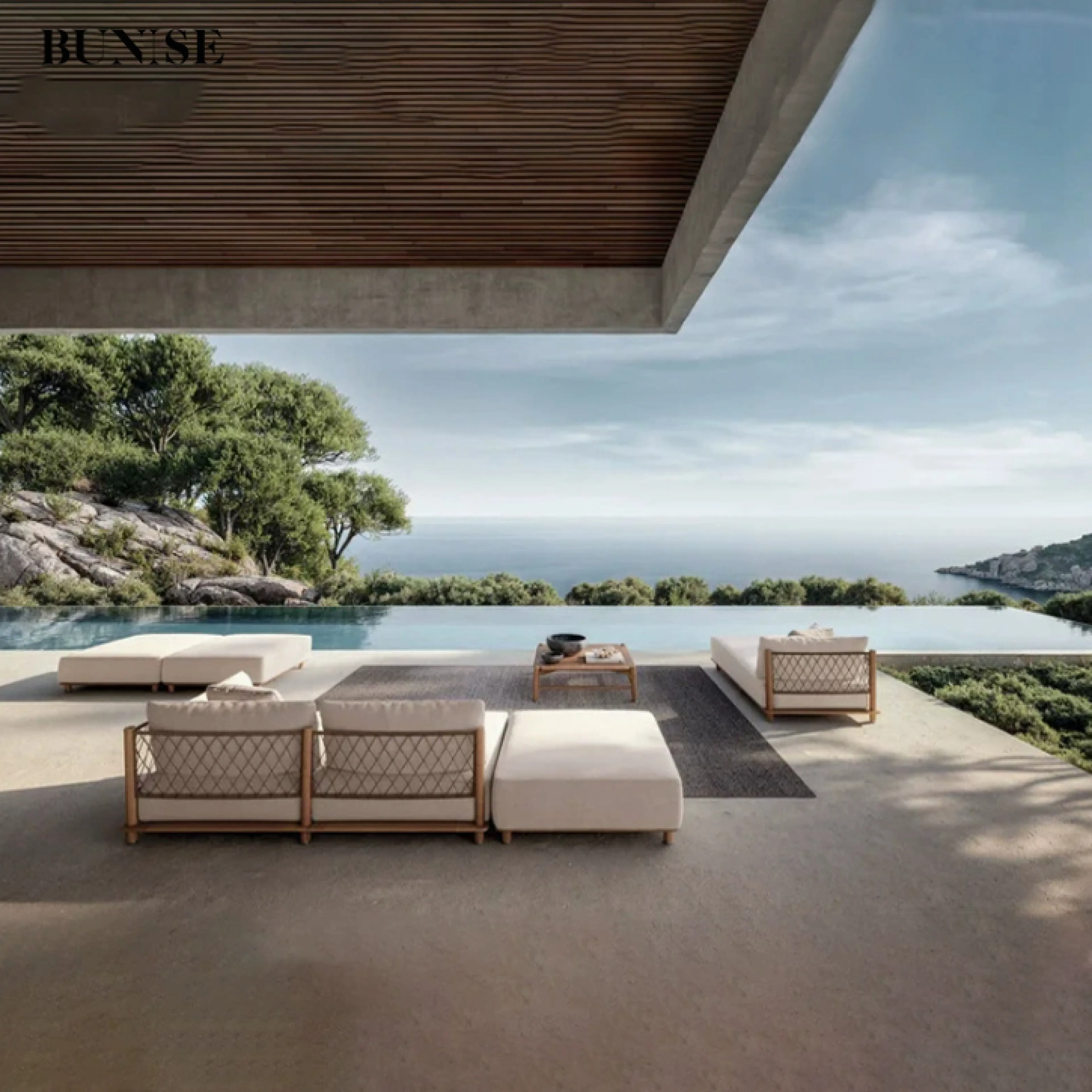 BUNISE Outdoor Teak Wood Sofa Set for Garden Villa Terrace Waterproof Sunproof Durable Material, Model P65, Free Shipping Across Thailand