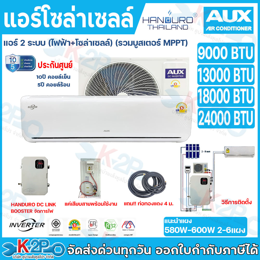 AUX แอร์โซล่าเซลล์ 2ระบบ MPPT SOLAR BOOSTER AIR DC LINK โซล่าเซลล์และไฟบ้าน สลับอัตโนมัติ ใช้กับ HANDURO DC LINK BOOSTER รับประกันศูนย์AUX 10ปีเต็ม มาตรฐาน มอก.2134-2553 มอก.1155-2557 ประกอบแอร์ 1 ชุดและBooster handuro กลางวันโซล่าเซลล์+กลางคืนใช้ไฟฟ้า ราคา 19,400 บาท*ส่งฟรี