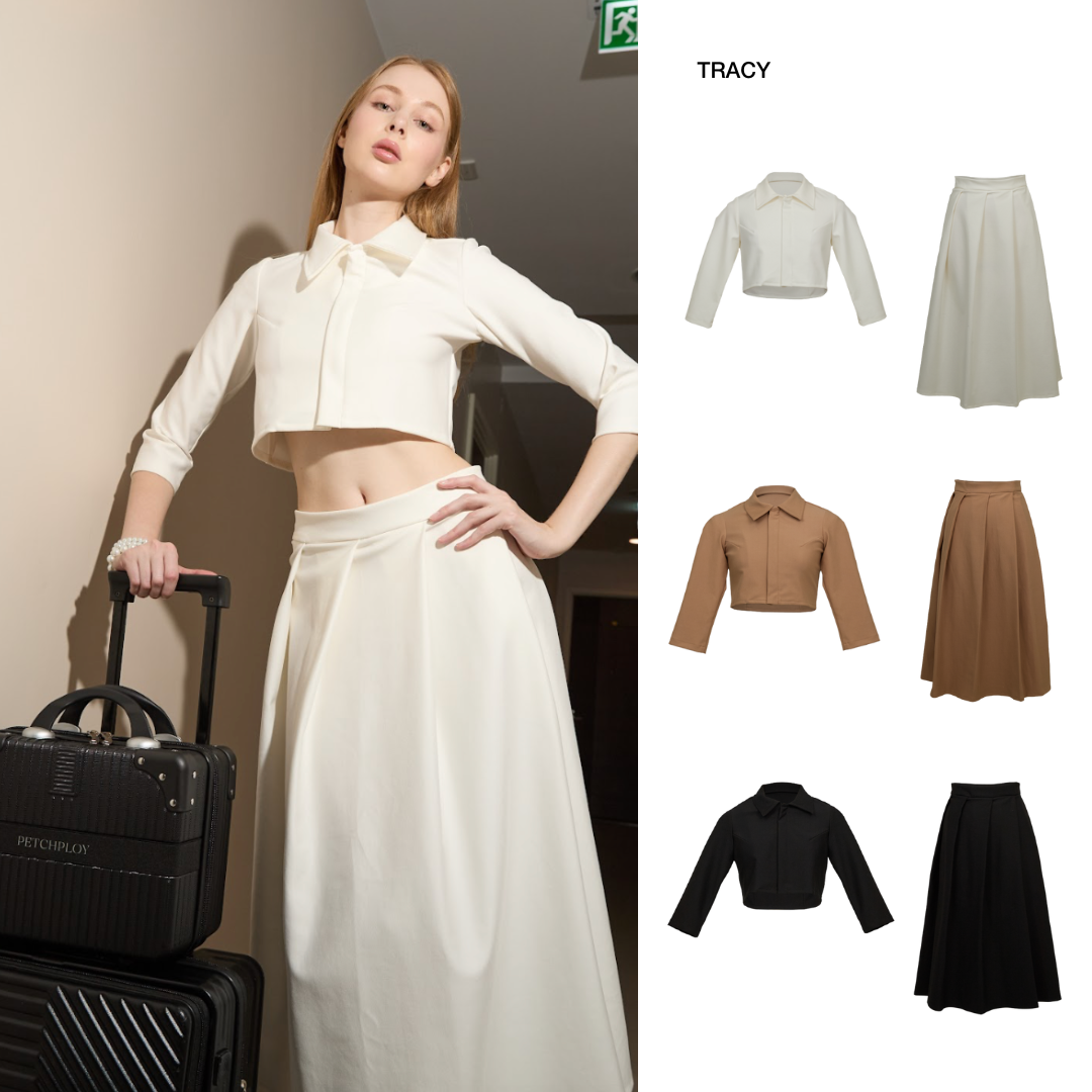 PETCHPLOY - Tracy set เซ็ตเสื้อครอปคอเชิ้ตแขนยาวและกระโปรงทรงเอยาว เรียบหรู ดูแพง สวมใส่ได้หลากหลายโอกาส ราคา 2,961 บาท*ส่งฟรี