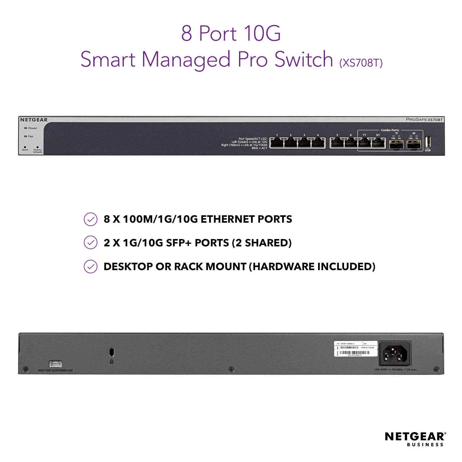 da 10Gigabit con 2 SFP Montaggio su Desktop/Rack Netgear XS708T Switch Smart Managed Pro a 8 Porte 10G Gigabit Ethernet 