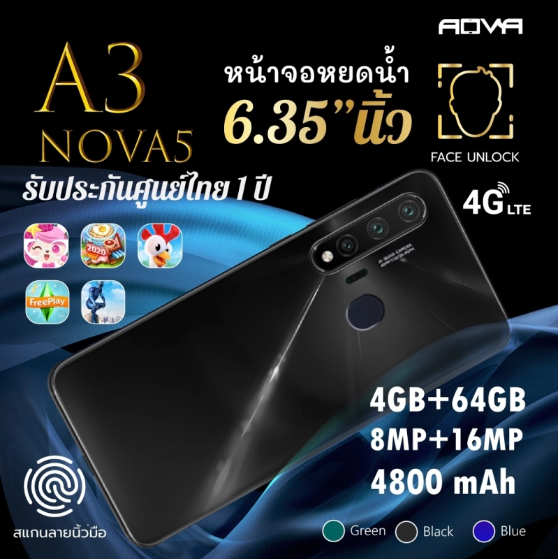 ภาพหน้าปกสินค้าโทรศัพท์ มือถือ ราคาถูก สเปคแรง AOVA A3 Nova5 แบตอึด 4800 mAh Ram4 Rom 64 จอ6.35 นิ้ว ประกันศูนย์ไทย 1 ปี สแกนหน้า สแกนลายนิ้วมือได้ มือถือราคาถูก