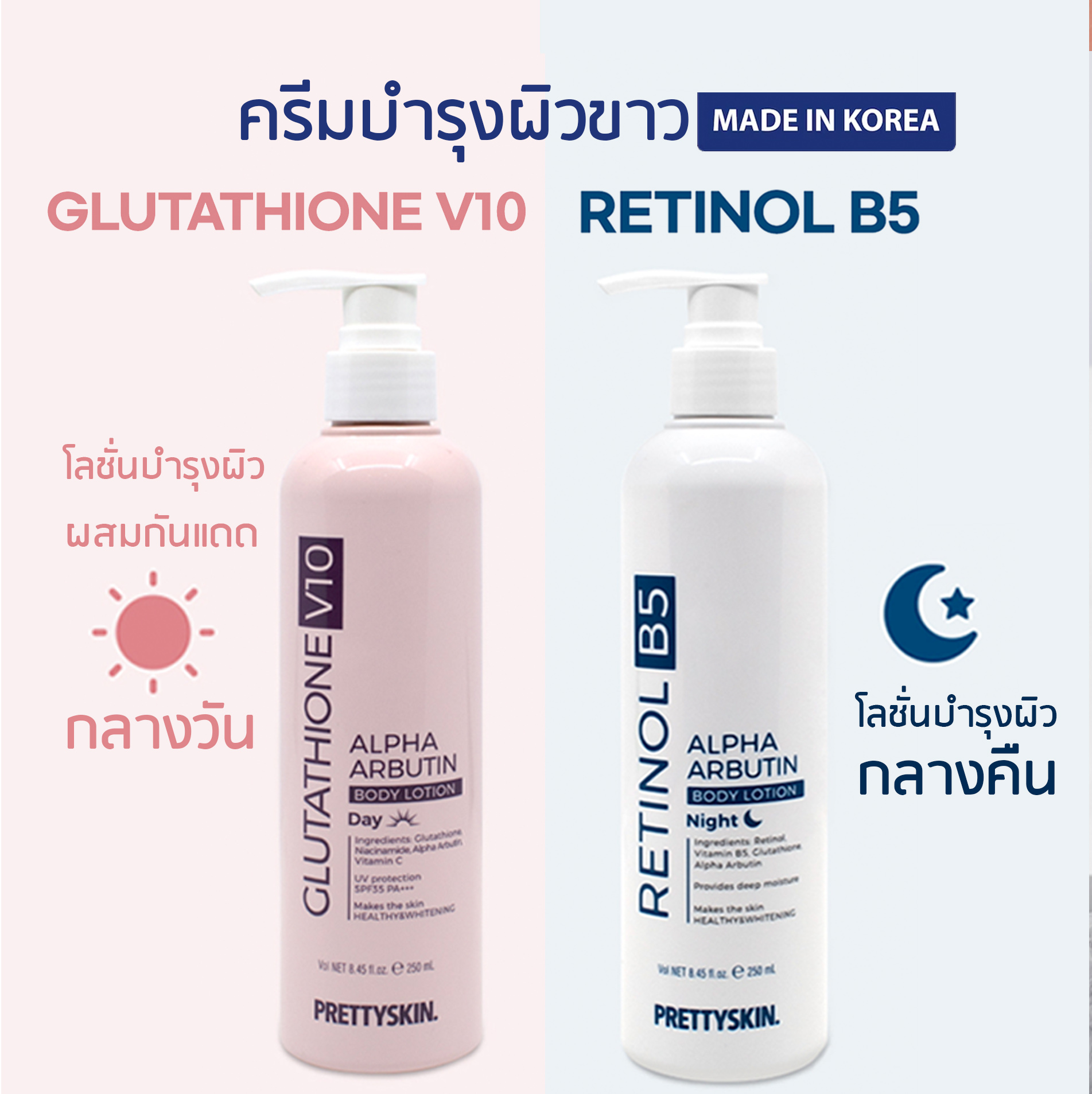 PRETTYSKIN ALPHA ARBUTIN BODY LOTION ครีมโลชั่นเพื่อผิวขาว สูตรกลางวัน และ  กลางคืน จากเกาหลี ขนาด 250ml