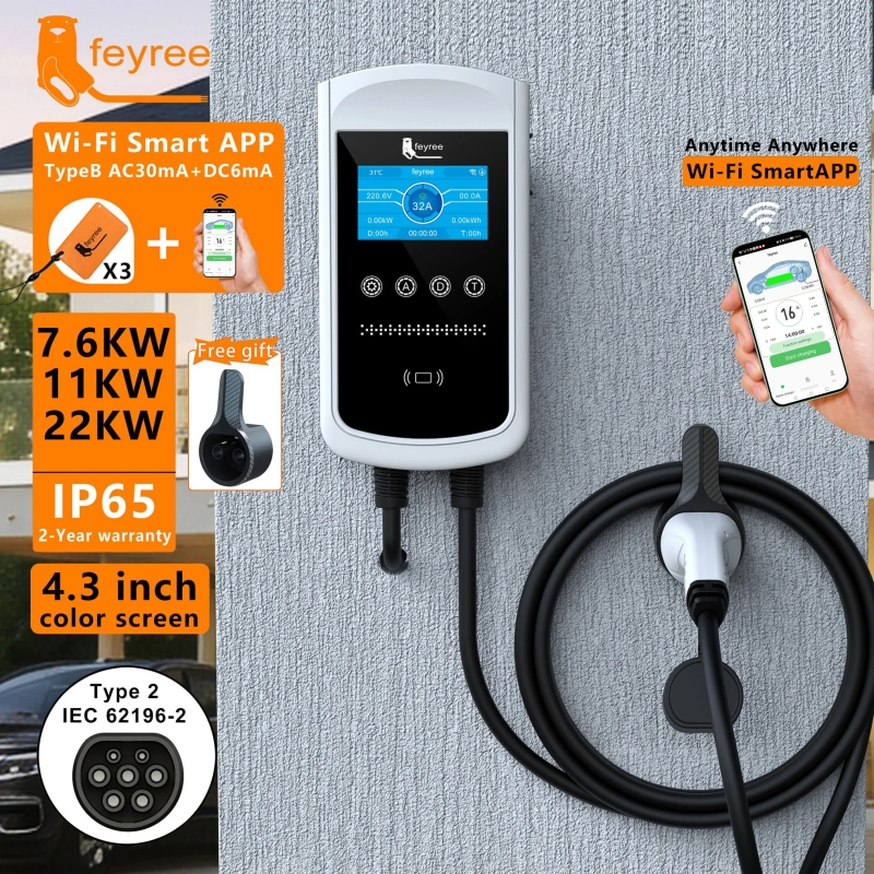 Feyree Type2 EV ชาร์จ32A 7.6KW สถานีชาร์จชาร์จไฟในรถ11KW 22KW 3เฟส EVSE Wallbox 4.3นิ้วหน้าจอสมาร์ท APP ควบคุม ราคา 12,380 บาท*ส่งฟรี