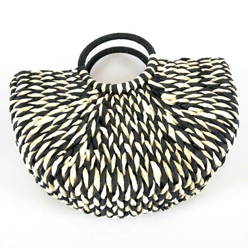 กระเป๋าเป้ นักเรียน ผู้หญิง วัยรุ่น เชียงราย New Women round bucket semicircle straw bag handmade net color woven basket rattan handbag（black）