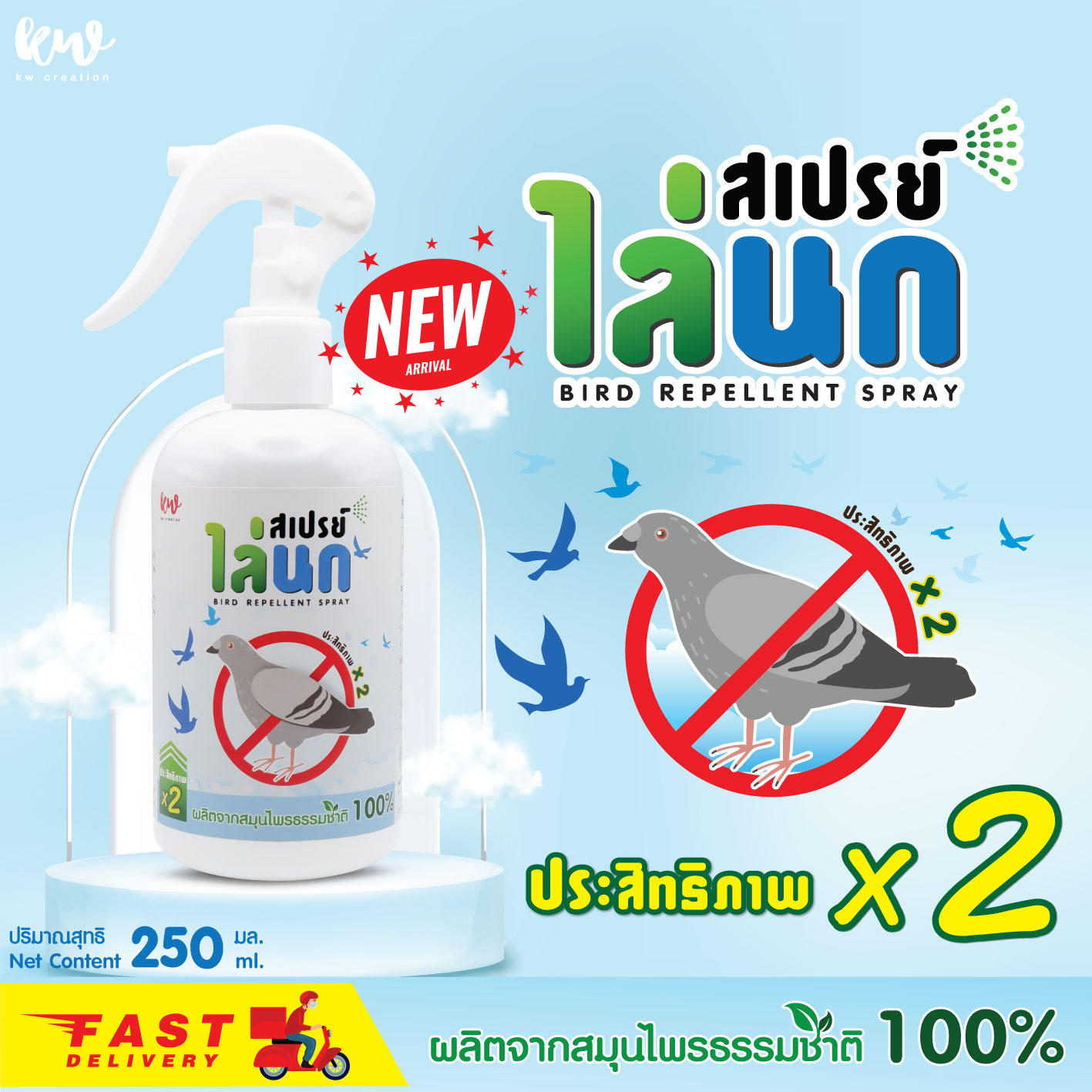 สเปรย์ไล่นก สเปรย์ป้องกันนกพิราบ kw creation 250 ml. ราคา 129 บาท*ส่งฟรี