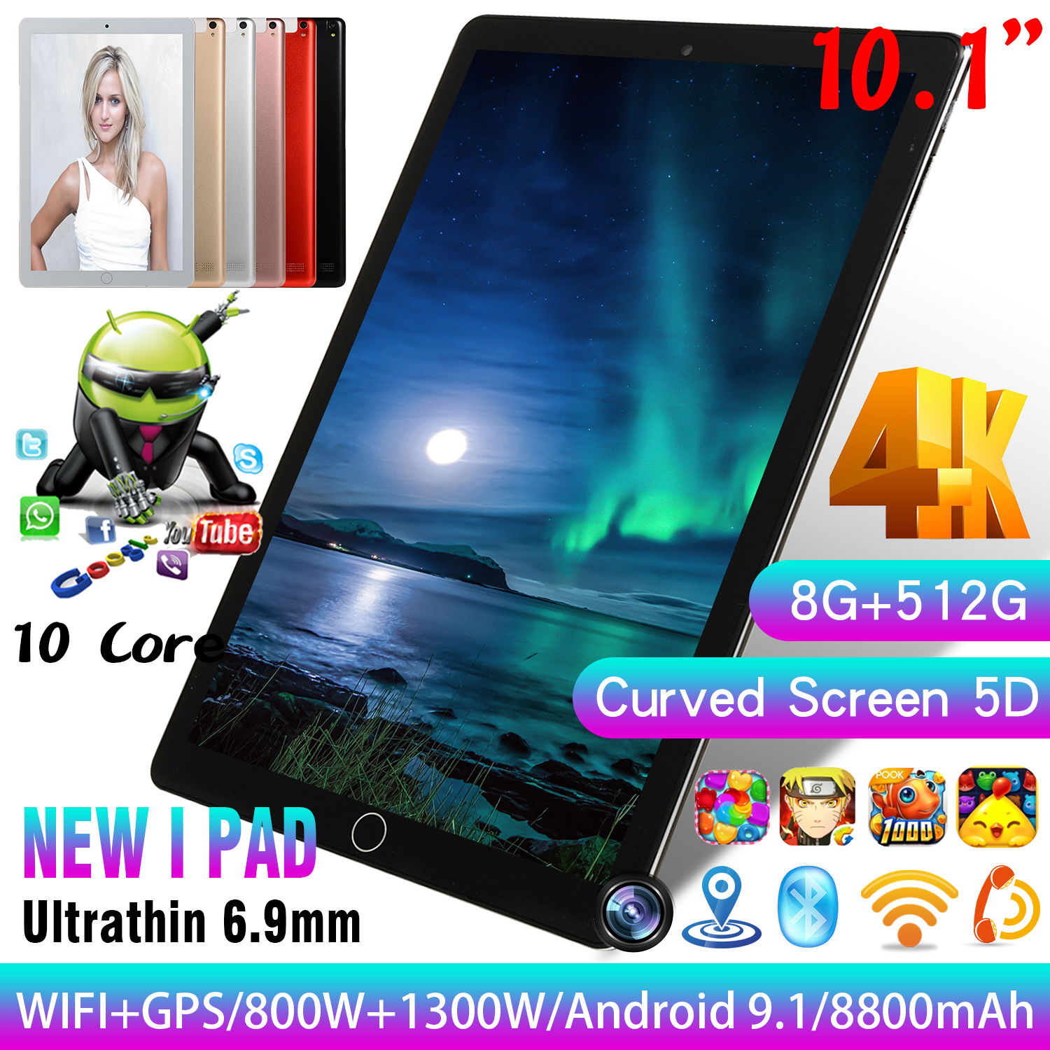 2020 10.1 Inch Tablet Android 9.1 PC 8GB+512GB Dual Sim Phone GPS WIFI Tablet