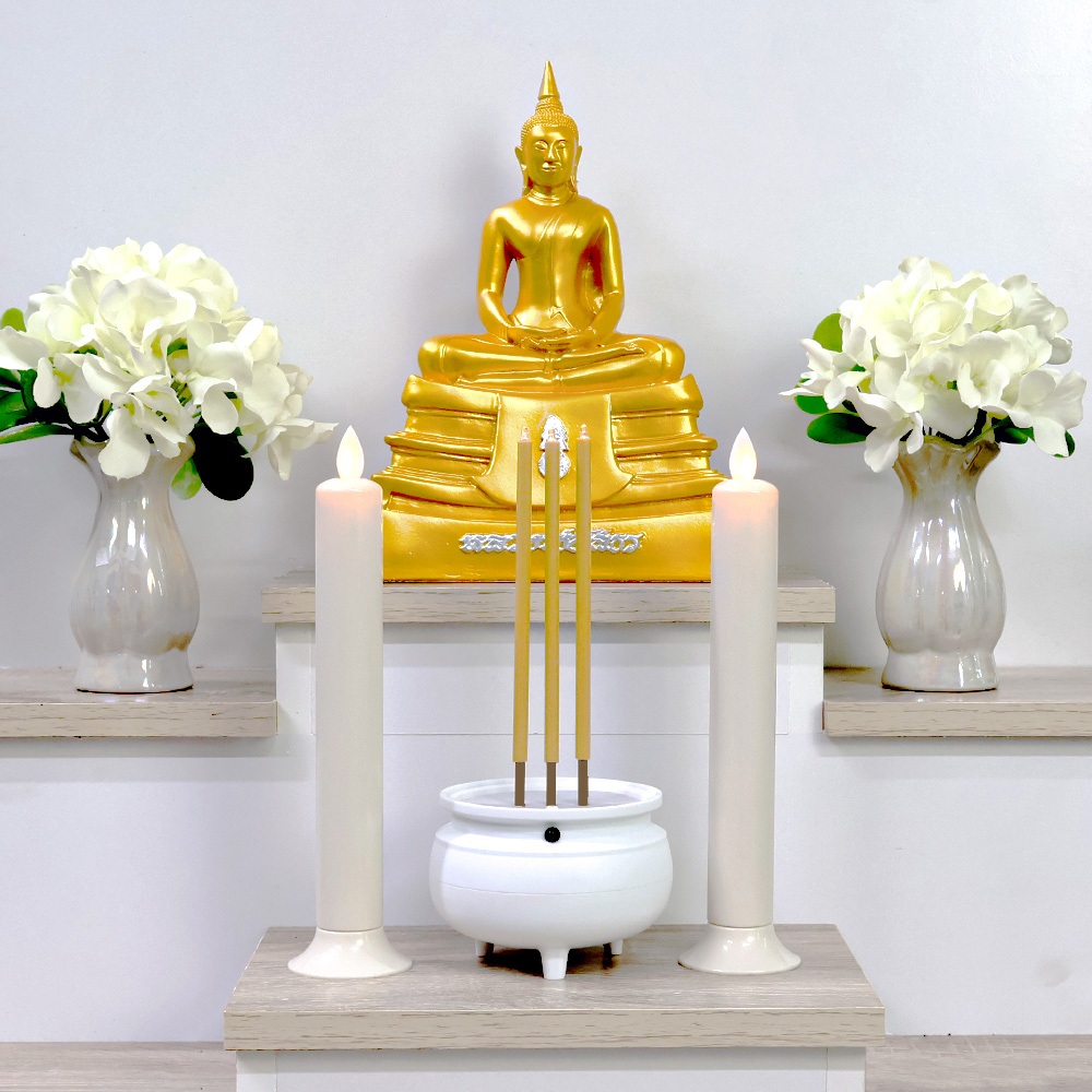 Claire Candle ชุดธูป LED แบบชาร์จ สีขาว สูง 22 ซม. + เชิงเทียน LED แบบใส่ถ่าน สูง 22 ซม. เหมาะสำหรับหิ้งพระเล็ก-กลาง