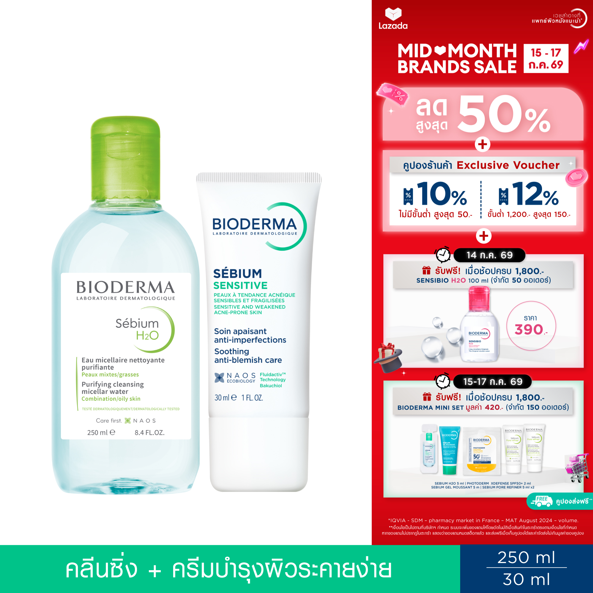 Bioderma Sebium H2O 250 ml + Sebium Sensitive 30 ml Cleanser and Nourishing Cream for Sensitive, Easily Irritated Skin, Oily and Acne-Prone Skin. ราคา 1,515 บาท*ส่งฟรี