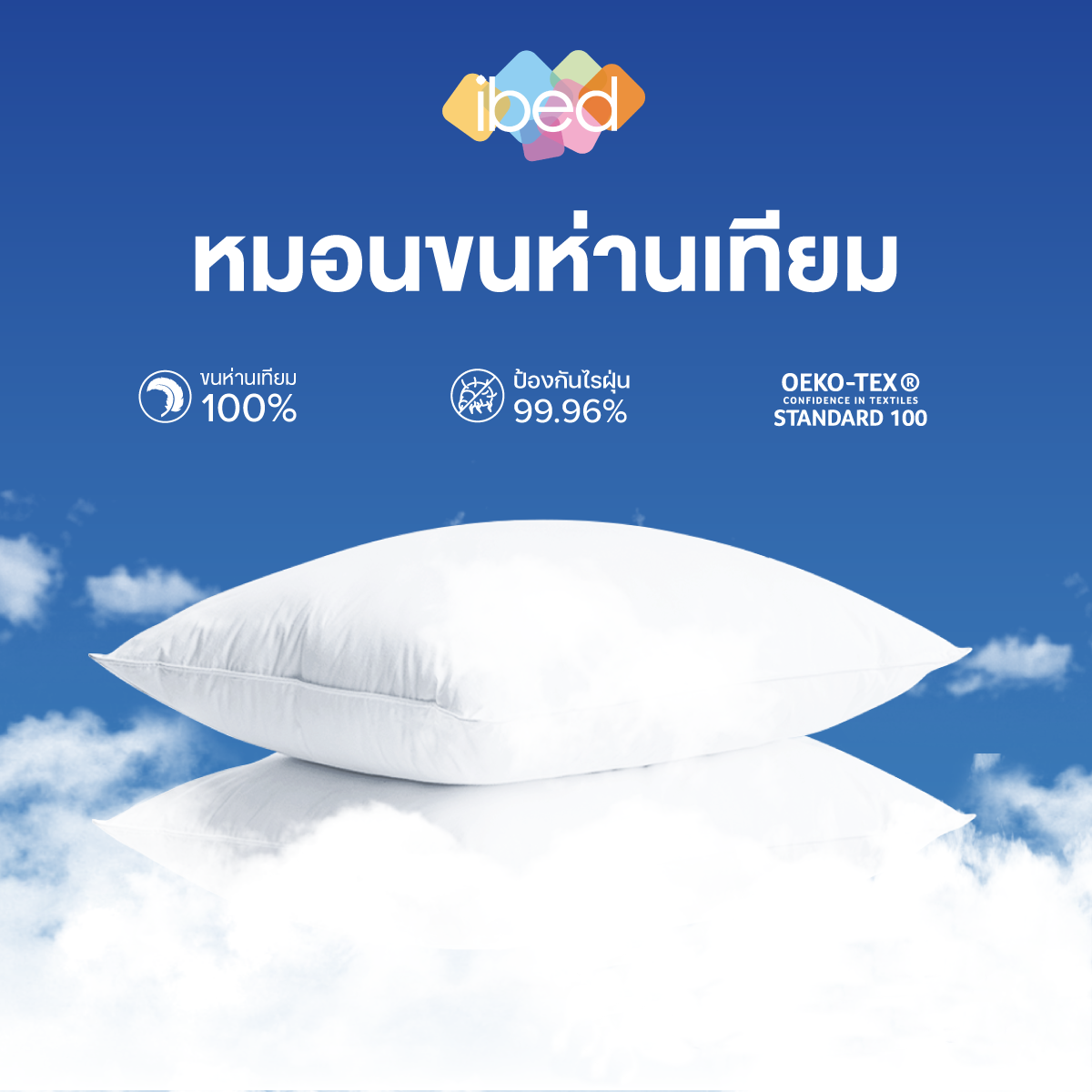 ibed หมอนขนห่านเทียม กันไรฝุ่น มีใบรับรองป้องกันไรฝุ่นของแท้ มี 2 รุ่น Medium และ Firm ราคา 1,150 บาท*ส่งฟรี