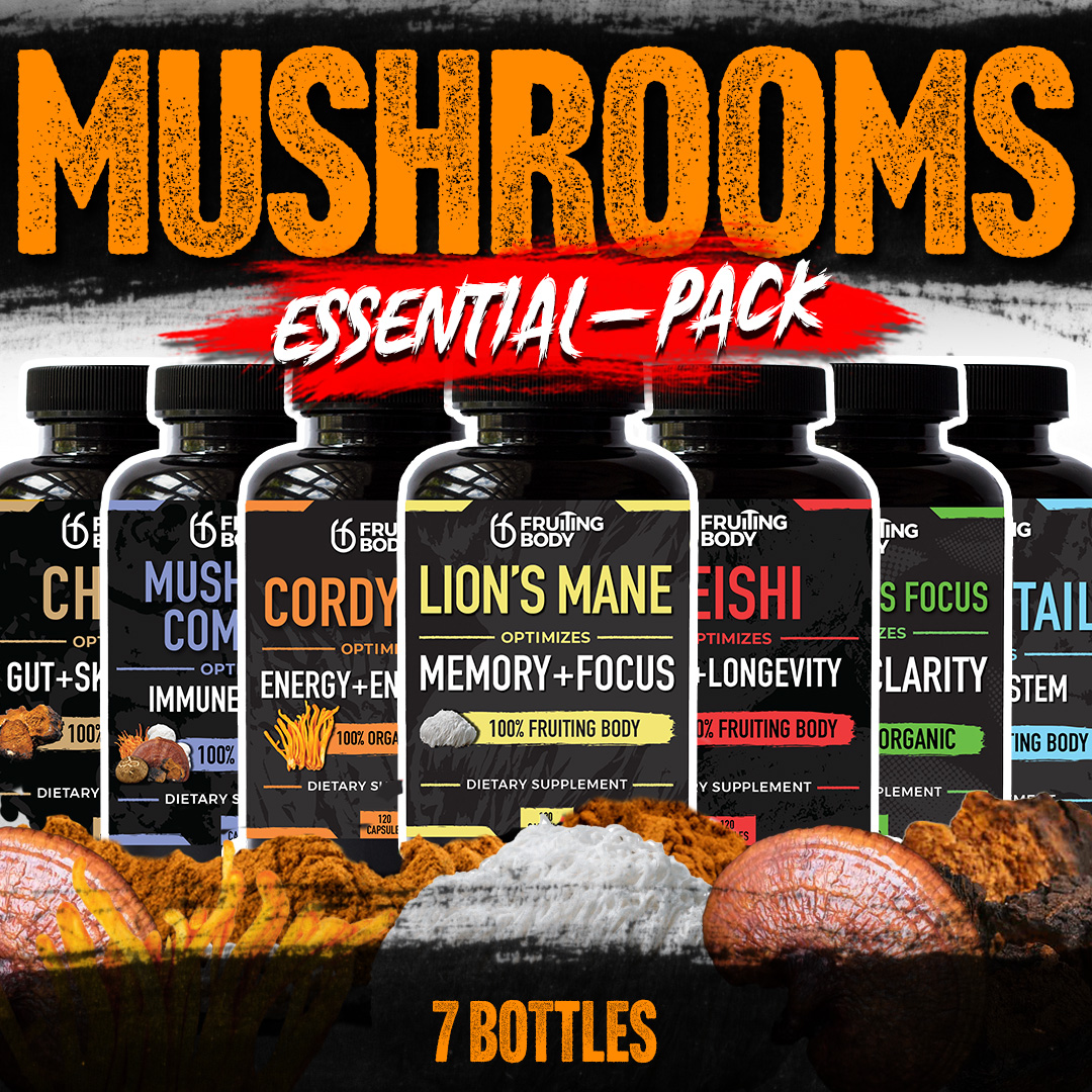 ผลิตภัณฑ์เพื่อสุขภาพ FRUITING BODY Mushroom Essential-Pack - ขวดเห็ด 6 ขวด: Lion's Mane, Cordyceps, Reishi, Chaga, Turkey Tail & Mushroom Complex (อุปทาน 30/60 วัน) + โบนัส Nootropics Focus Blend