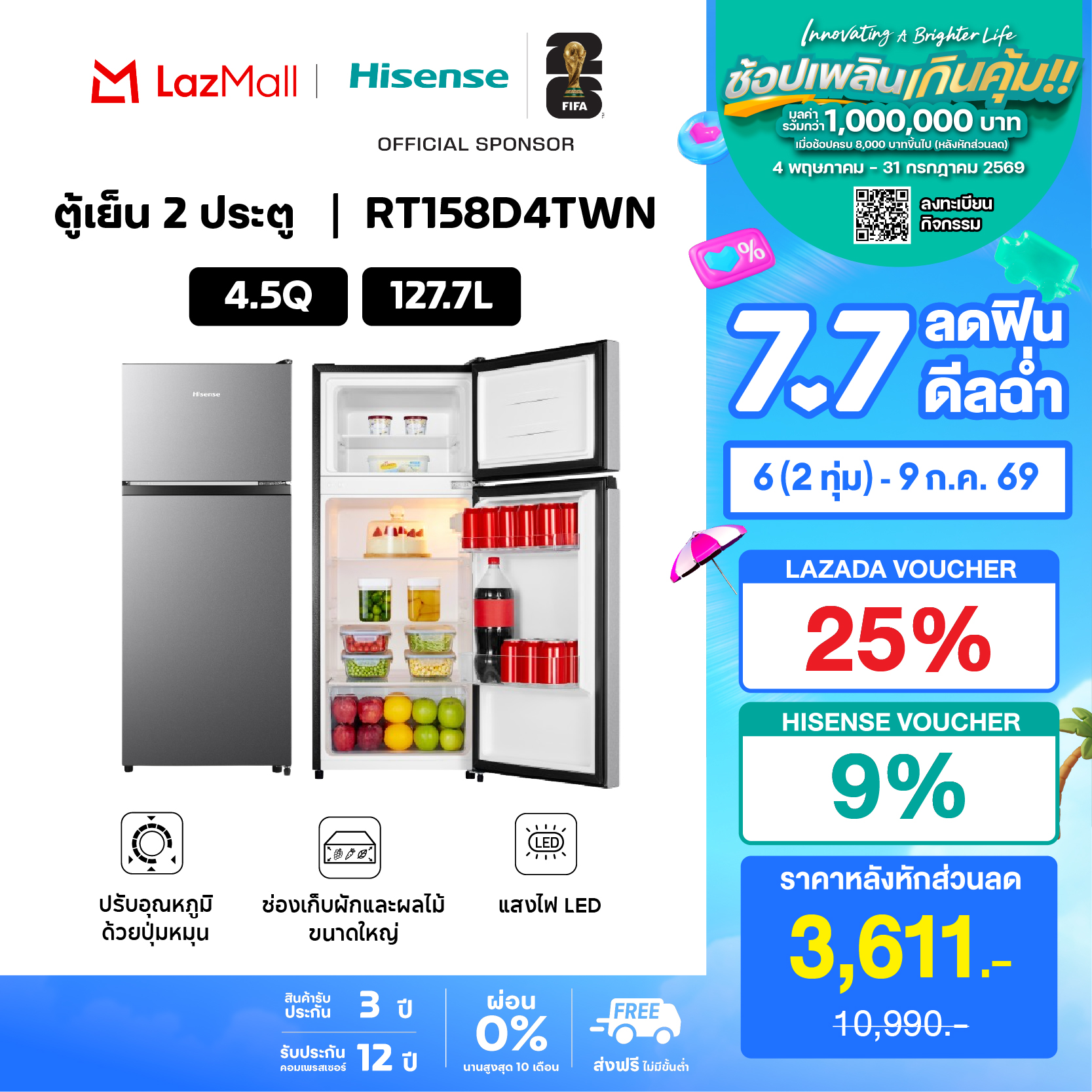 Hisense 2-Door Refrigerator 4.5Q / 127.7 Liters Model Rt158D4Twn ราคา 5,290 บาท*ส่งฟรี