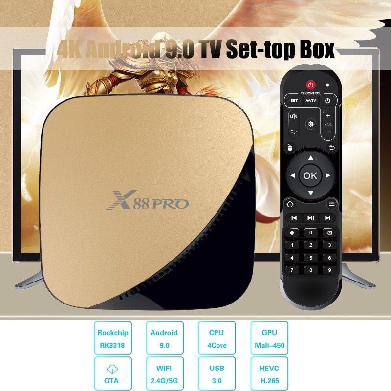 กล่องสมาร์ททีวี รุ่น X88 Pro 64G Android 9.0 TV Box Rockchip RK3318 4 Core 2.4G&5G Wifi 4K HDR Set Top Box USB 3.0 Support 3D Movie