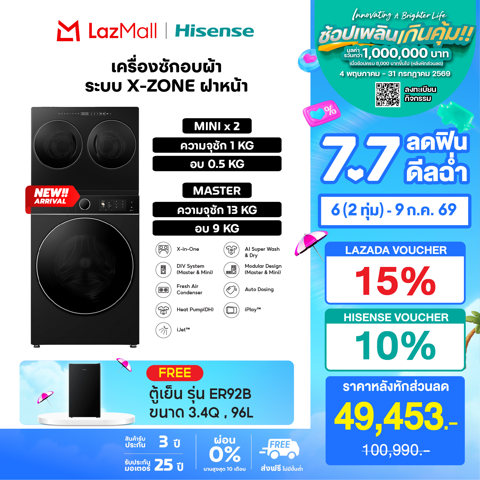 [New 2026] Hisense X-Zone Washing Machine + Dryer Ai Wash Master Drum Washing 13 Kg. + Drying 9 Kg. Mini Double Drum, Capacity 1 kg Washing + 0.5 kg Drying, Black (No Installation Service) ราคา 29,090 บาท*ส่งฟรี