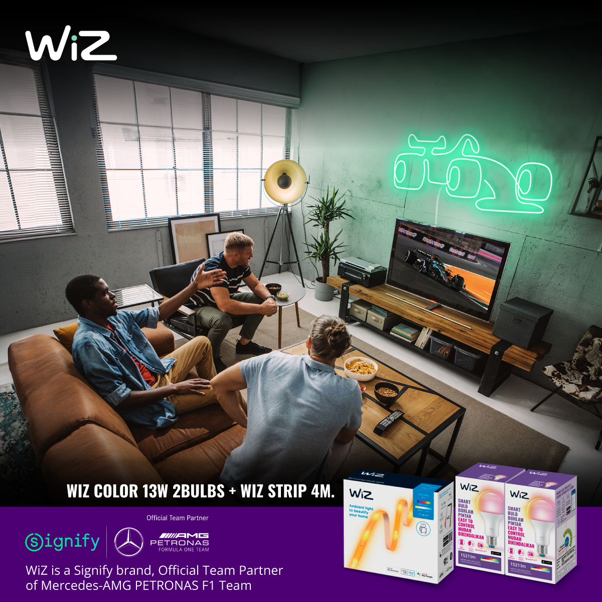 [แพ็คพิเศษ] Philips WiZ LED หลอดไฟเปลี่ยนสีอัจฉริยะ เปลี่ยนสีได้ 16 ล้านสี 13 วัตต์ 2 หลอด[แพ็คเกจใหม่] + Philips WiZ LED Light Strip kit 4m Type-C ไฟเส้น 4 เมตร 16 ล้านเฉดสี ไม่ต้องใช้อุปกรณ์เสริม 1 เส้น ราคา 2,785 บาท*ส่งฟรี
