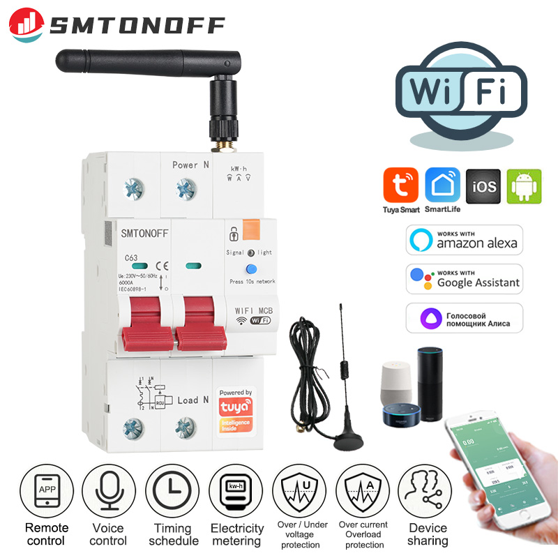 Tuya Smart WiFi RS485 2p 63A MCB Circuit Breaker Prepaid Meter Timer Switch Voltage Current Protector Voice Remote Control Alexa Google assistant Yadex Alice ราคา 1,180 บาท*ส่งฟรี
