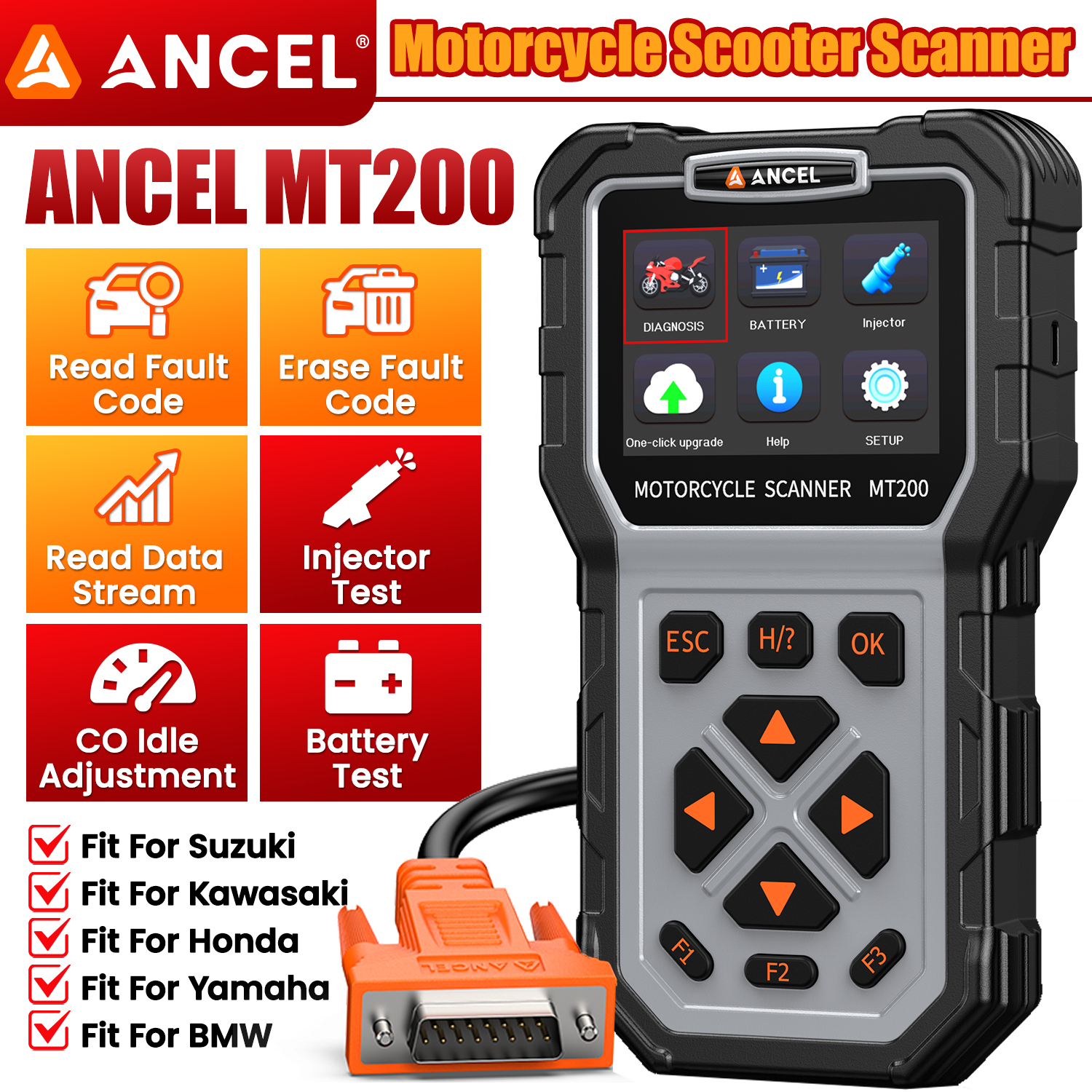 【สนับสนุนภาษาไทย】 ANCEL MT200 เครื่องสแกนมอเตอร์ไซค์ OBD2 เครื่องอ่านรหัสสแกนเนอร์ เครื่องมือวินิจฉัย ABS การทดสอบแบตเตอรี่ทดสอบฉีดสำหรับ Yamaha / Honda / Suzuki การอัพเดท wifi ราคา 6,200 บาท*ส่งฟรี