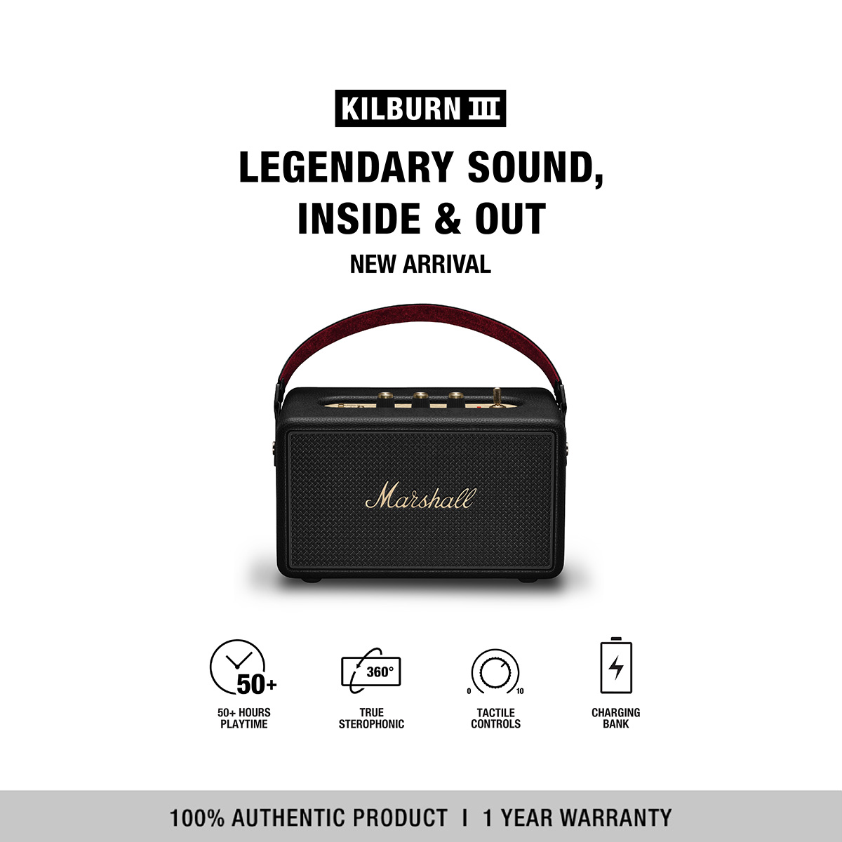 [NEW ARRIVAL] MARSHALL KILBURN III BLACK & BRASS - Free shipping + 1 Year Warranty (Bluetooth speaker, Portable speaker, Marshall speaker, Wireless speaker)
