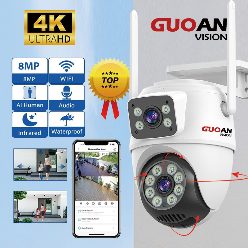 GUOAN VISION 8MP 4k กล้องวงจรปิด ICsee ไร้สายกลางแจ้ง IP66 กันน้ำเลนส์คู่คืนวิสัยทัศน์ การตรวจจับ AI ของมนุษย์ ราคา 649 บาท*ส่งฟรี