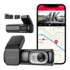 ภาพหน้าปกสินค้า【การ์ด SD 64GB ฟรี】LINGDU D600 4K Dual Dash Cam GPS WIFI ในตัว, กล้องติดรถยนต์ด้านหน้าและด้านหลังสำหรับรถยนต์และรถบรรทุก, การควบคุมด้วยเสียง, การตรวจสอบที่จอดรถ 24 ชั่วโมง ที่เกี่ยวข้อง