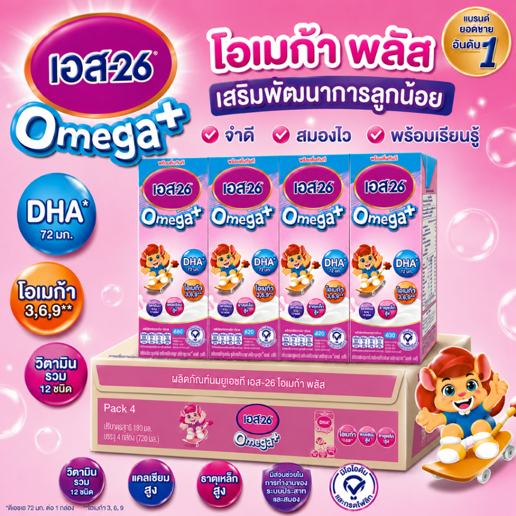 S26 UHT เอส26 โอเมก้า พลัส นมกล่อง ยูเอสที รสจืด ขนาด 180ml 1ลัง 36กล่อง