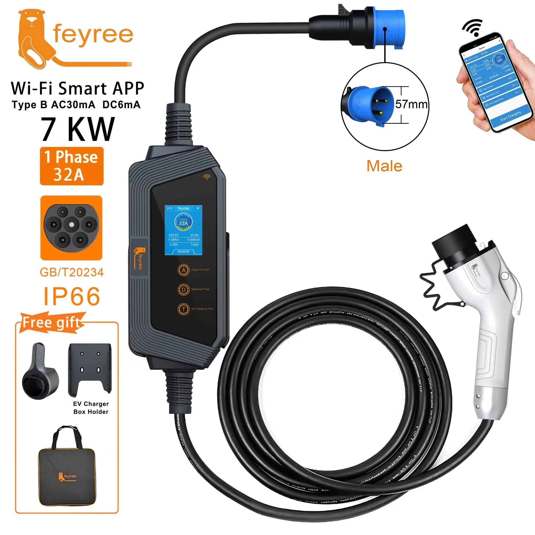 feyree GB/T Portable EV Charger 7KW 11KW 22KW EV Charger GB/T 16A 32A APP Bluetooth Version Set Charging Time EVSE Charging Box for Electric Vehicle ราคา 10,399 บาท*ส่งฟรี