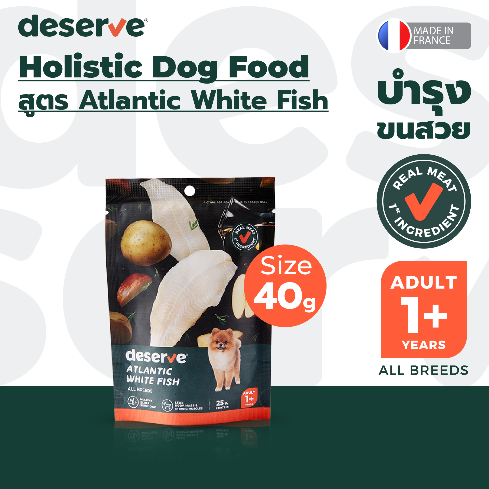 [BBF10/25] Deserve holistic dog food for adult dogs Atlantic white fish beautiful hair care 40 g ราคา 99 บาท*ส่งฟรี