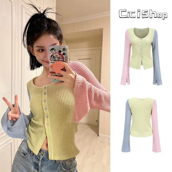 Cici(Z8408)เสื้อไหมพรมKhit แขนยาวกระดุมหน้าปลายแขนบาน ดีเทลสีทูโทนพาลเทส น่ารักมากก ราคา 162 บาท*ส่งฟรี