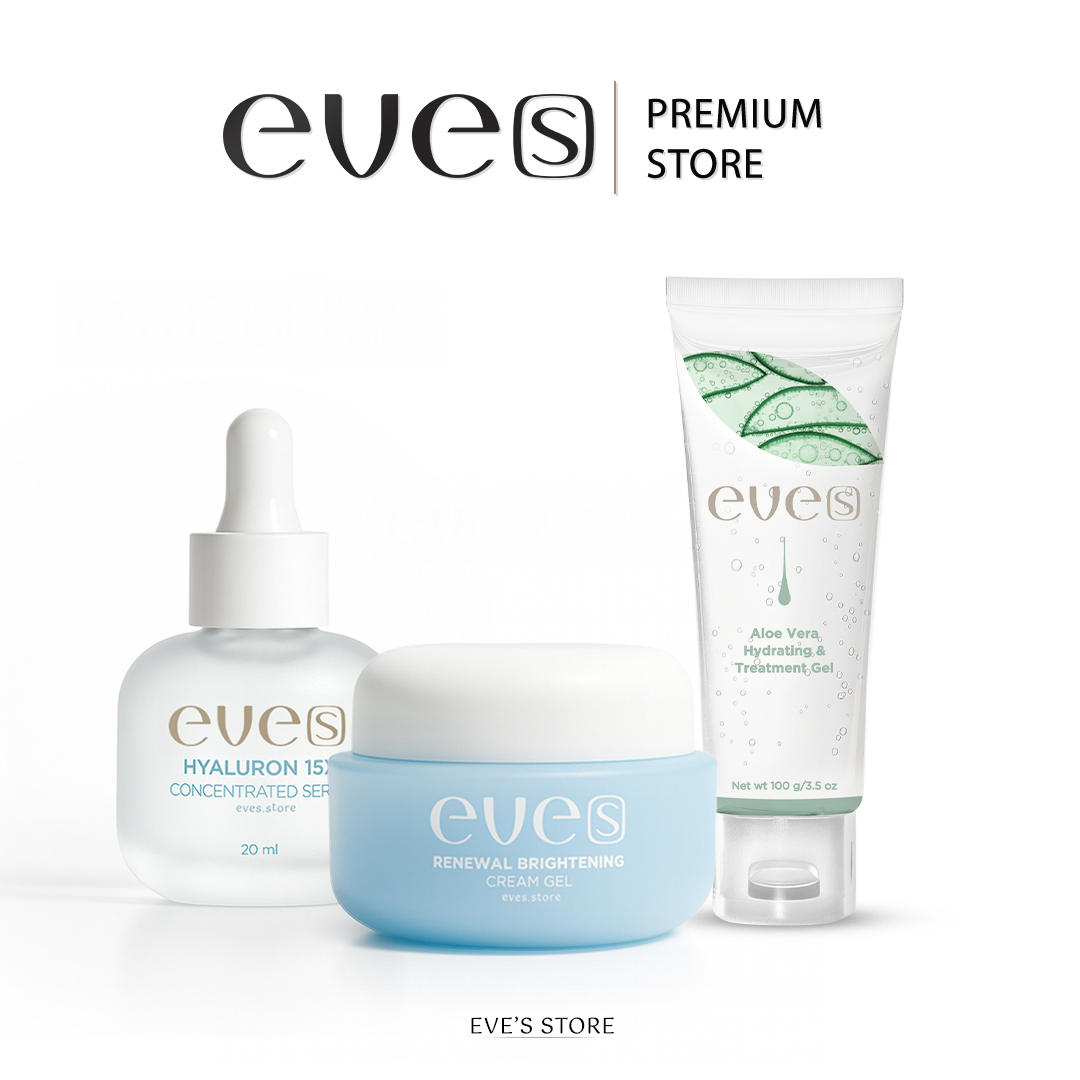Eves Ev's Soft and Moisturized Skin Set, Blue Gel Cream, Aloe Vera Gel, Hyaluronic Serum. Add Water to the Facial Skin. the Face Is Not Dry or Oily. Pregnant People Can Use It. ราคา 1,210 บาท*ส่งฟรี
