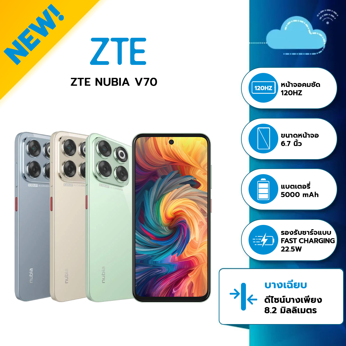 ZTE Nubia V70 (8+256GB) สมาร์ทโฟน fast charging แบตเตอรี่ 5000 mAh หน้าจอ 6.7 นิ้ว รับประกันศูนย์ไทย 1ปี ราคา 4,499 บาท*ส่งฟรี