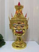 เศียรครู พ่อแก่ ฤาษี ตาไฟ (ไม่มีเครา) ขนาดครอบศรีษะ งานกระดาษ ใส่ตาแก้ว ปิดทองเค ประดับพลอย พร้อมฐานไม้อัดสีแดง งานสวย แข็งแรงทนทานตามแบบโบราณ