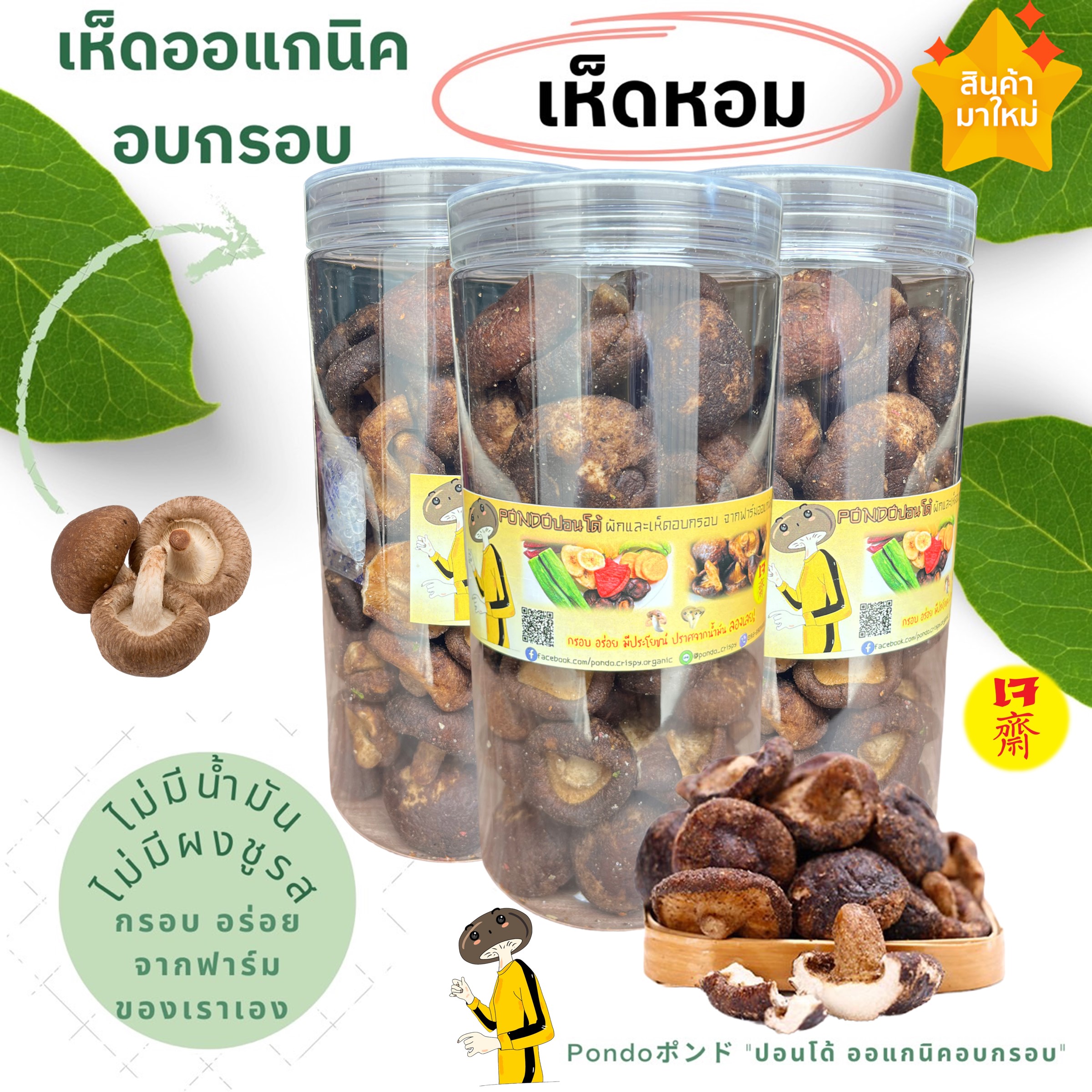 Crispy Shiitake Mushrooms PET Jar Packed 135g., "PONDO Crispy Organic " without oil, guarantee crispy and deliciousness. ราคา 126 บาท*ส่งฟรี