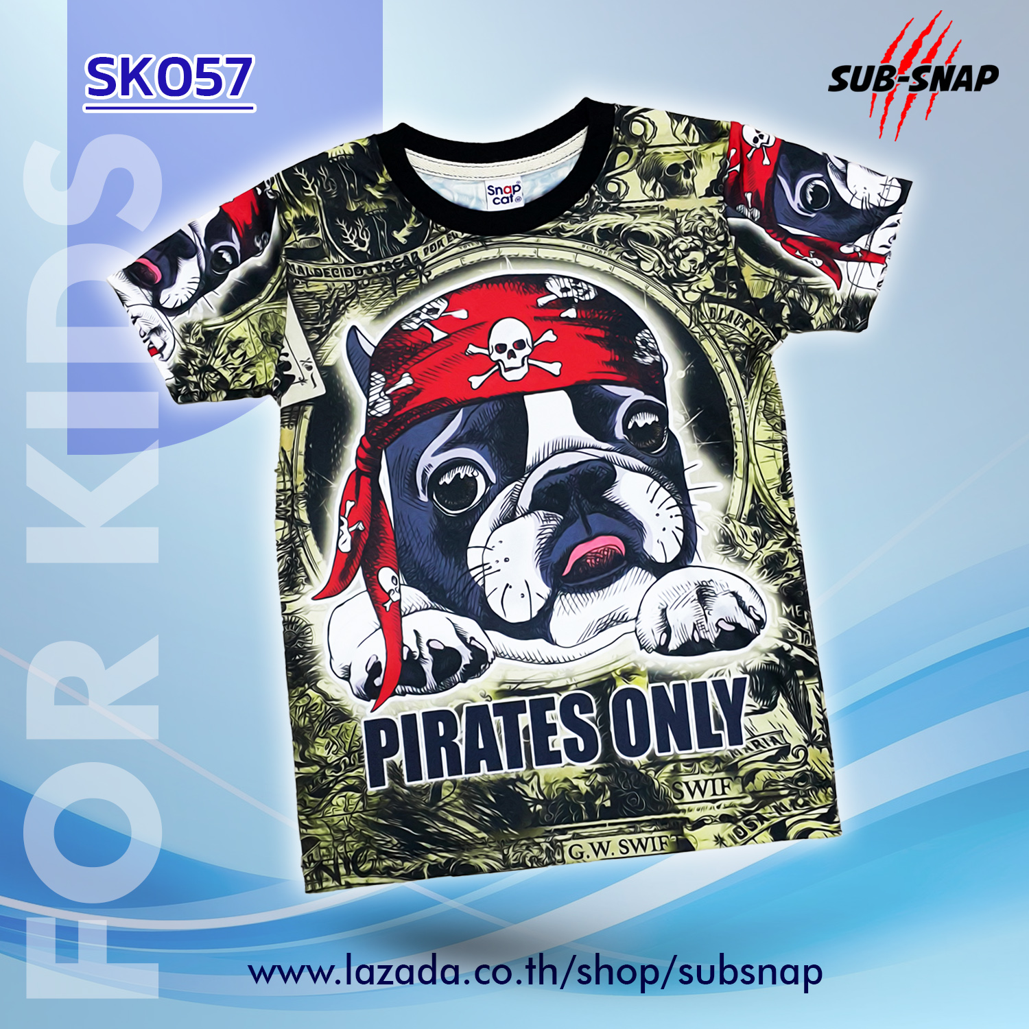 รูปภาพเพิ่มเติมของ SNAPCAT SK057 เสื้อยืดเด็กอายุ 4-10 ปี เสื้อแฟชั่นเด็ก เสื้อยืดคอกลม เสื้อผ้าแฟชั่น เสื้อยืดพิมพ์ลาย Pirates Only