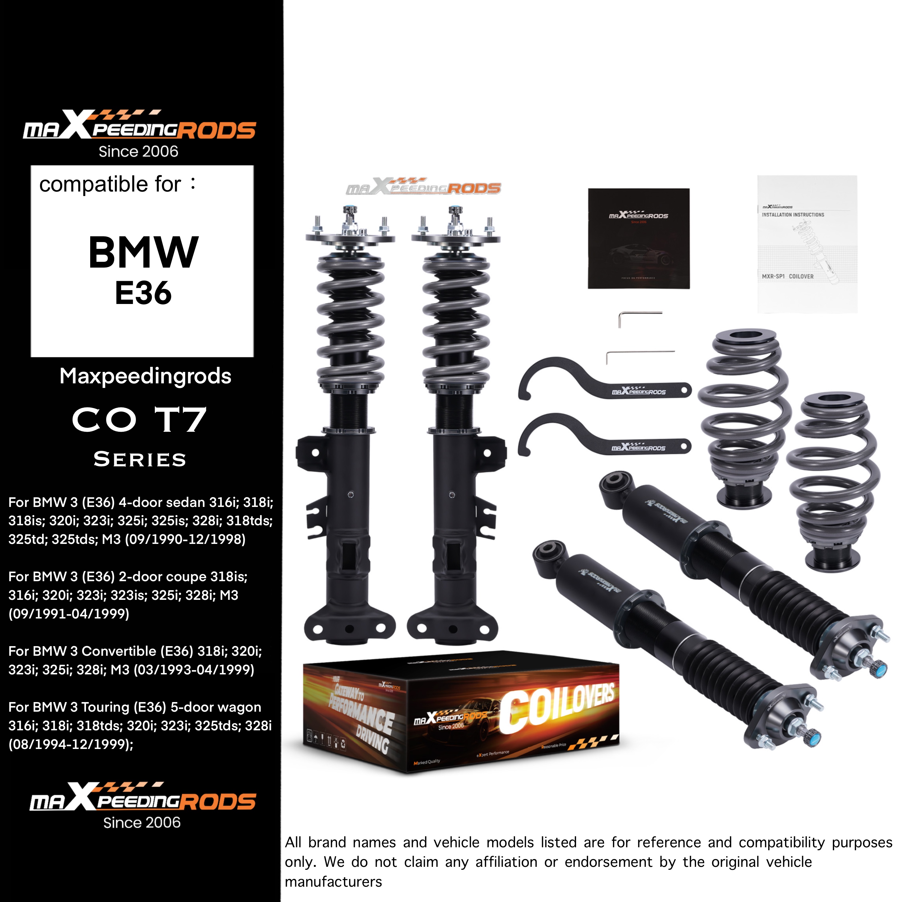 【Bmw E36 316I 318I 320I 323I 325I 328I M3】Coilover Shock Absorbers T7, Adjustable, Year 1990-1999, Low Load, Adjustable Viscosity 24 Levels, Custom Shock Absorbers for Racing Cars. ราคา 17,200 บาท*ส่งฟรี