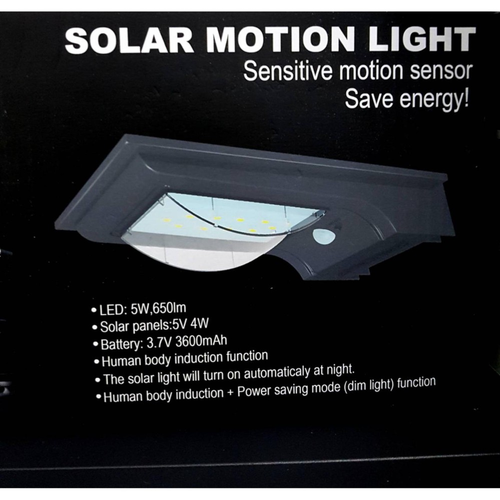 10 LED SOLAR MOTION SENSOR LIGHT โคมไฟโซล่าเซล ตรวจจับความเคลื่อนไหว
เปิด/ปิดไฟอัตโนมัติ ชาร์จไฟด้วยพลังงานแสงอาทิตย์ ขนาด 10 LED ความสว่าง 650 Lumens
แบตเตอรี่ 3600 mAh