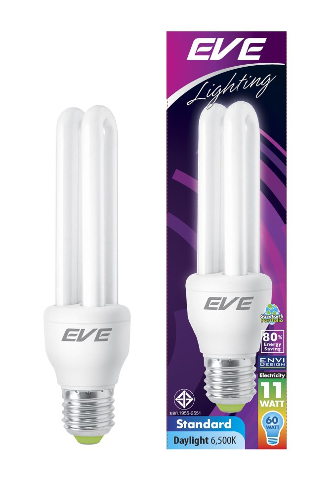 EVE หลอดประหยัดไฟ รุ่นมาตรฐาน 2U 11 วัตต์ เดย์ไลท์ E27 แพ็ค 6 หลอด