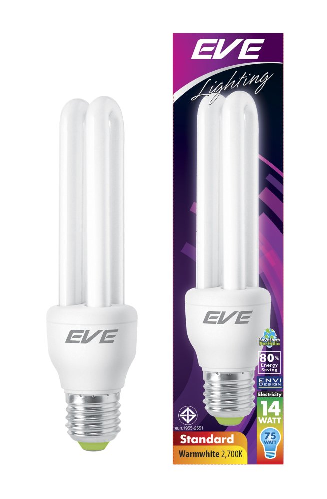 EVE หลอดประหยัดไฟ รุ่นมาตรฐาน 2U 14 วัตต์ วอร์มไวท์ E27 แพ็ค 6 หลอด