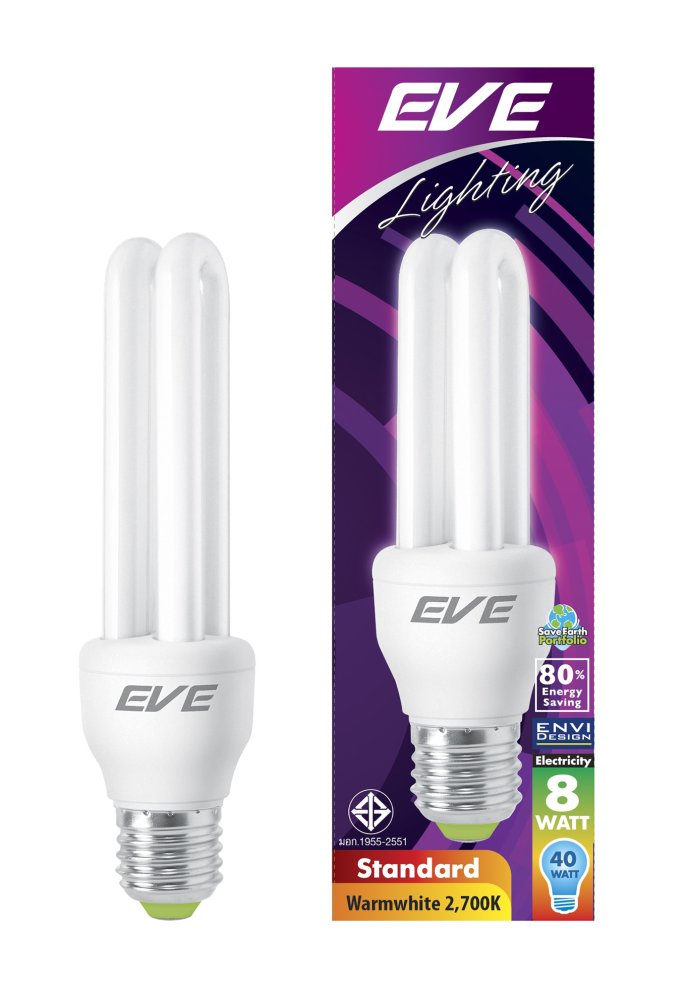 ขาย EVE หลอดประหยัดไฟ รุ่นมาตรฐาน 2U 8 วัตต์ วอร์มไวท์ E27 แพ็ค 6 หลอด