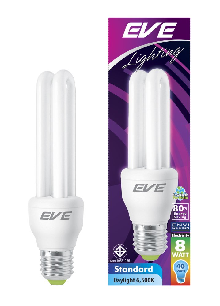 EVE หลอดประหยัดไฟ รุ่นมาตรฐาน 2U 8 วัตต์ เดย์ไลท์ E27 แพ็ค 6 หลอด